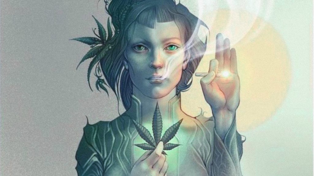 A digital illustration of a woman holding a cannabis leaf to her heart and holding a joint while her hand is in a mudra. 