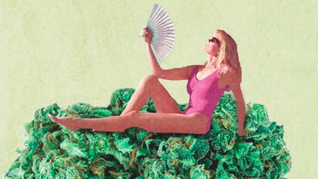 A collage art of a woman sitting on a cannabis bud, fanning her face in the sunlight.