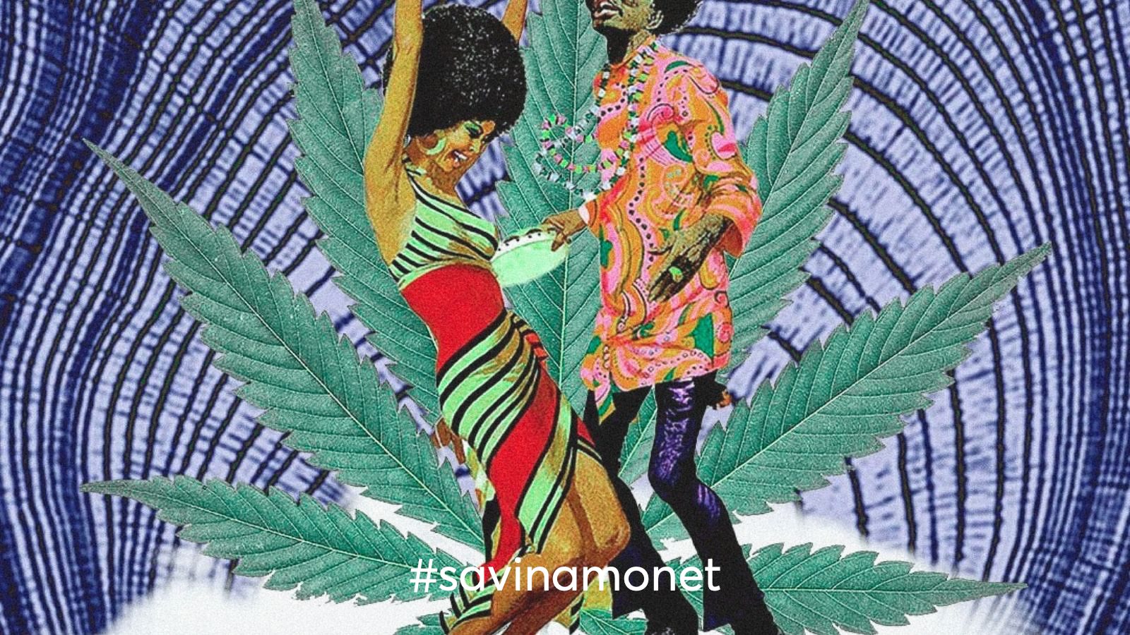 A collage art of two people dancing in front of a cannabis leaf ni 1970s disco fashion