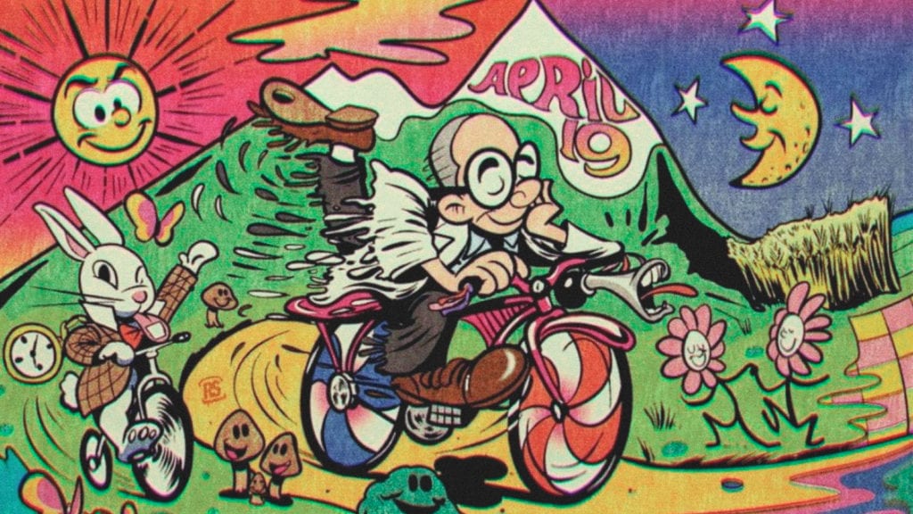 An illustration of Albert Hofman on his bicycle, representing the discovery of LSD and bicycle day.