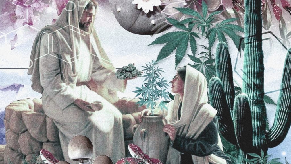 A collage art of jesus handing mary magdalene a piece of cannabis surrounded by other psychedelics such as cacti, mushrooms, and peyote.