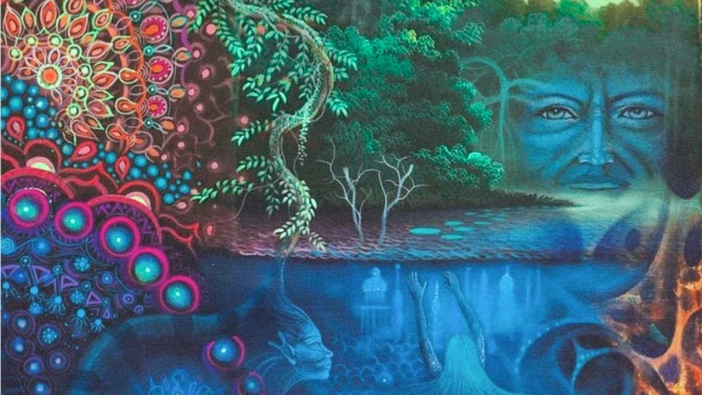 The Difference Between Magic Mushrooms, Ayahuasca, LSD, and Mescaline | Magic Mushrooms 101 | My Supply Co. A visionary piece of art representing the entities and visions of ayahuasca, portraying the vine, patterns, a face, and underwater elements