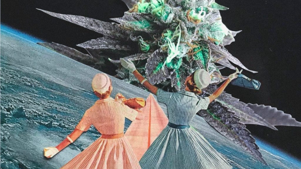 A collage art of two women dancing over the earth on a runway towards a giant cannabis plant.