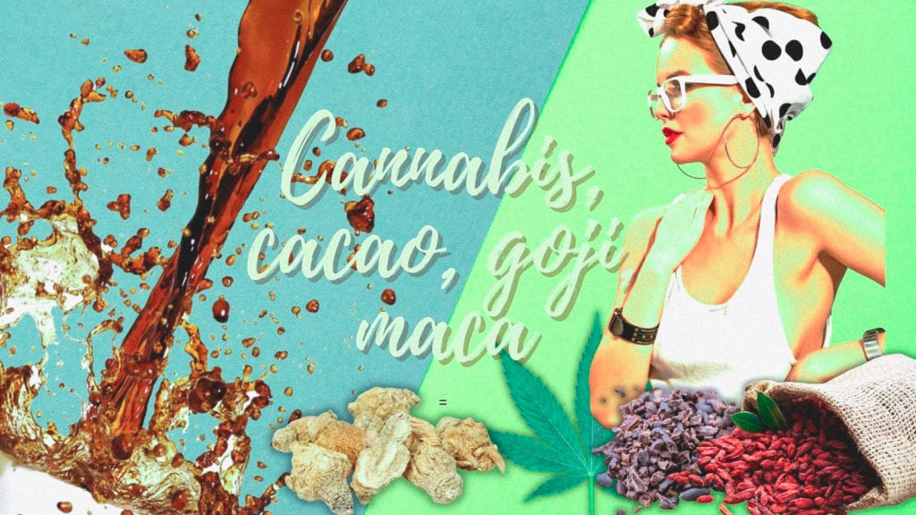 A collage art depicting cannabis, goji, maca, and cacao; a depiction of the coffee alternatives in this recipe.