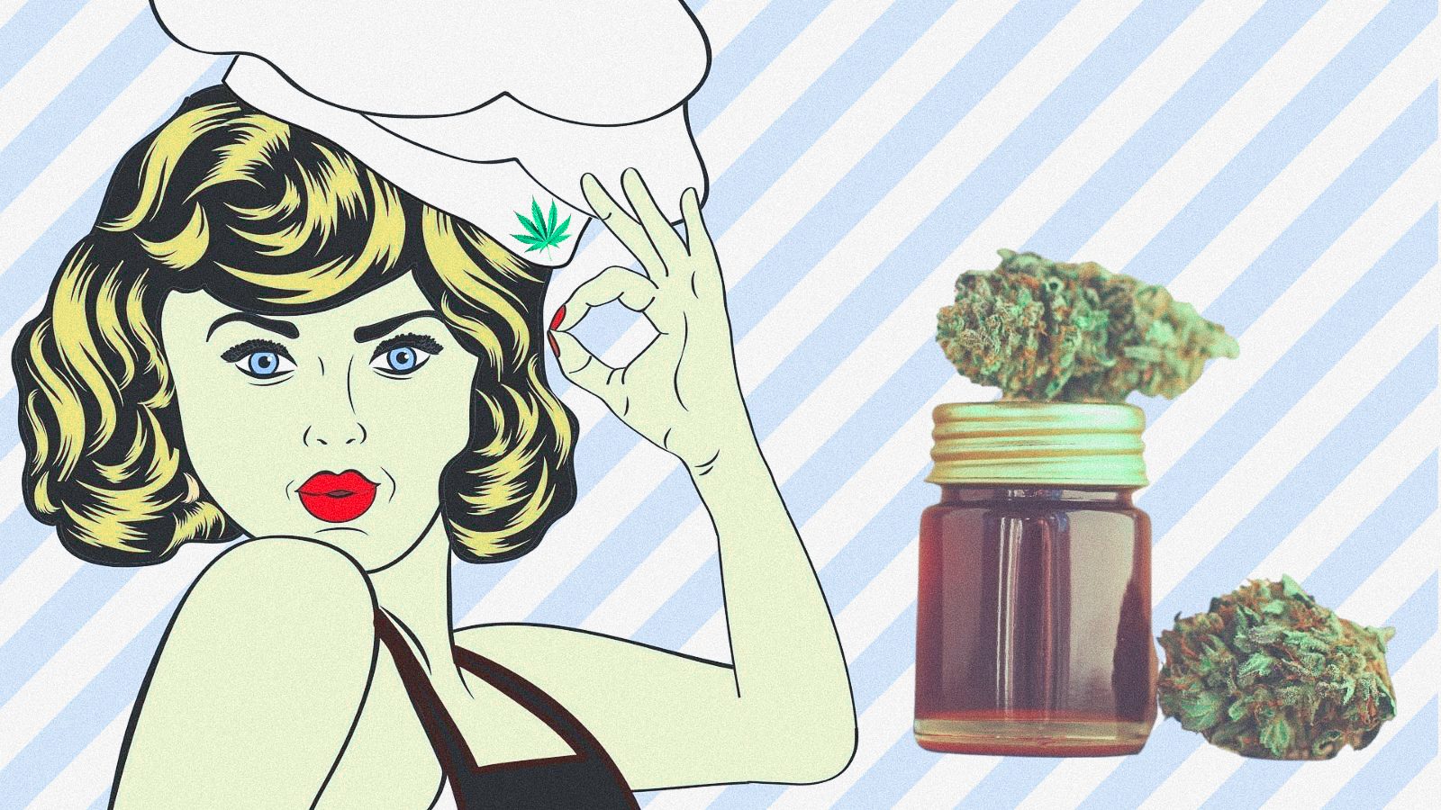 A collage of a retro woman chef and a jar of cannabis cooking oil next to her.