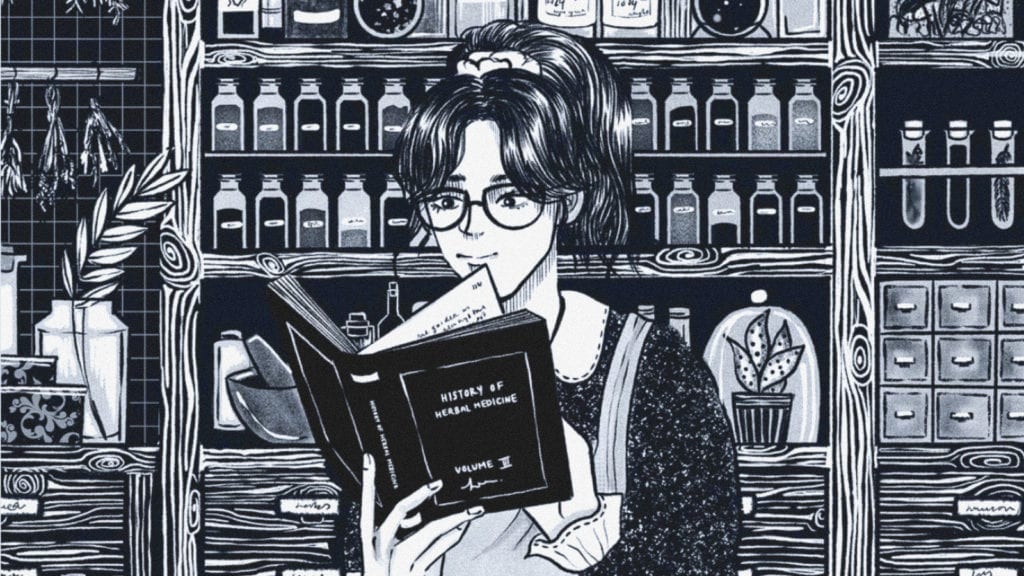 An illustration of a woman holding a recipe book in an apothecary, surrounded by herbal medicines and dried plants.