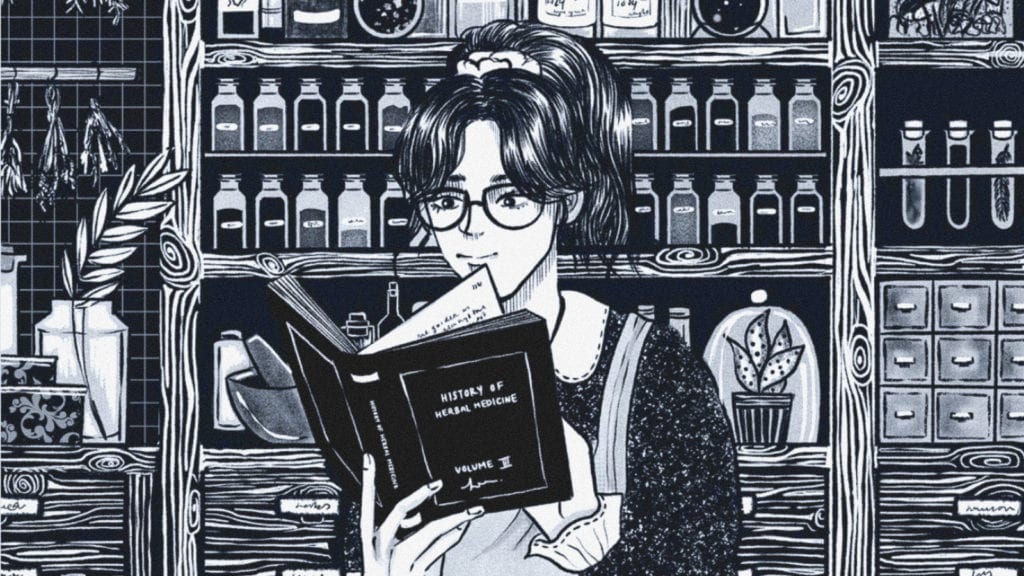 How to Make Your Own CBD Body Balm | Recipes | My Supply Co. An illustration of a woman holding a recipe book in an apothecary, surrounded by herbal medicines and dried plants.