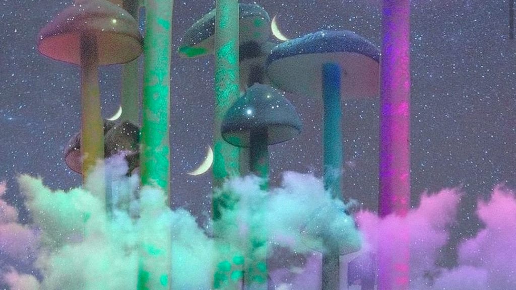 A digital artwork comprising clouds, rainbow magic mushrooms, moons, and stars.