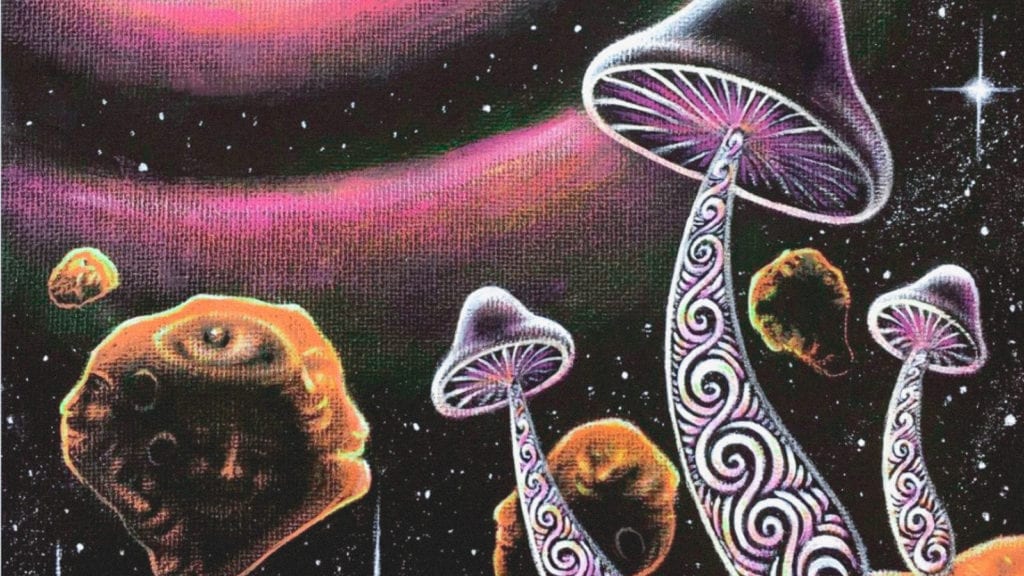A painting of psychedelic magic mushrooms in outerspace surrounded by asteroids with faces on them.