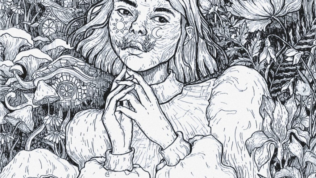 A sketch of a young woman surrounded by flowers and psychedelic mushrooms, looking mystical.