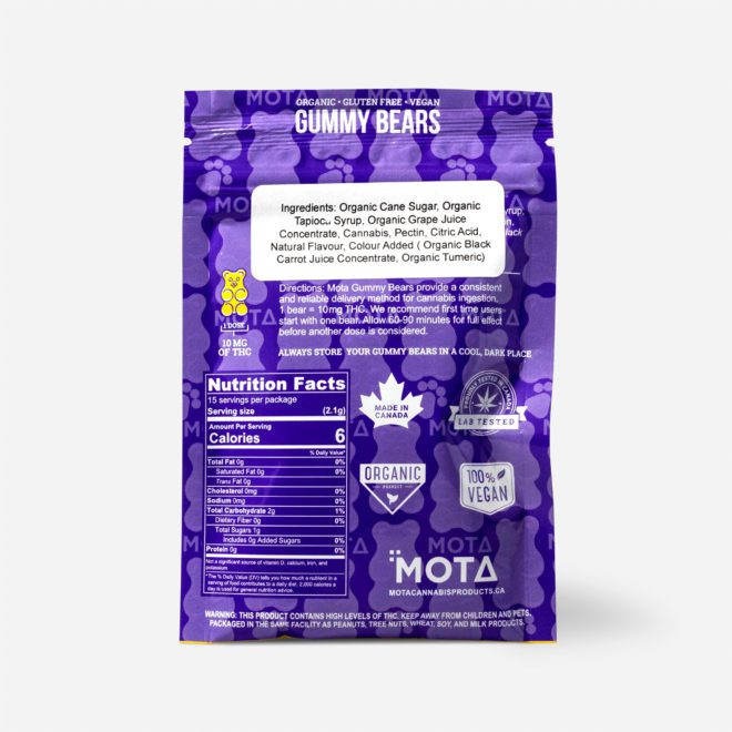 MOTA Edibles Vegan THC Gummy Bears (Organic, Gluten-Free) Back