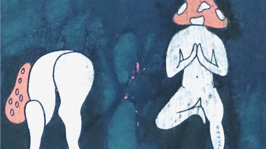 The Science of Self-Awareness: How Meditation and Psilocybin Shape the Brain | Wellness | My Supply Co. A painting of two amanita muscaria mushrooms doing yoga, a concept of yoga and microdosing psychedelics.