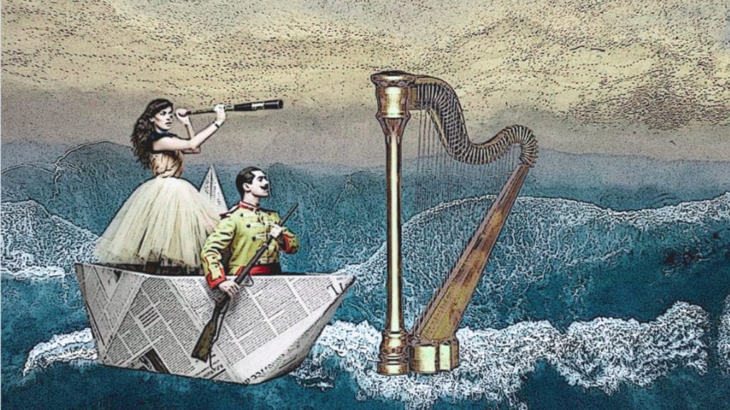 A collage art of a harp in the sea and two people in a paper boat, a concept of music and psychedelics.
