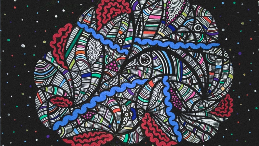 The Connection Between Music and Psychedelics | Culture | My Supply Co. A pen illustration of a brain with psychedelic colours and patterns.