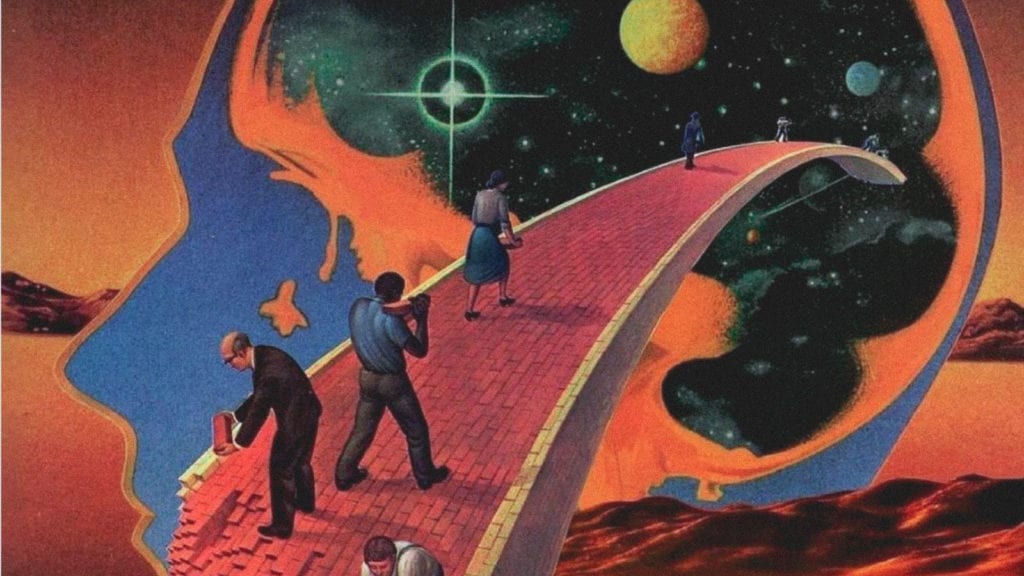 A painting of people walking on a path into the mind which is full of space and planets. A concept of psychedelic, microdosing, and yoga.