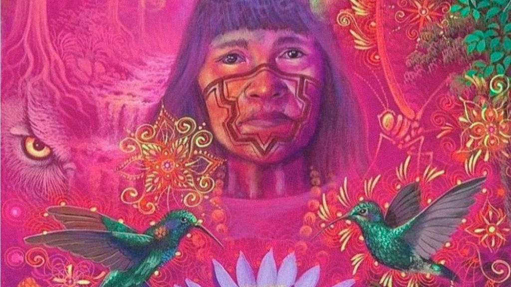 A painting of a Shipibo woman surrounded by symbolic animals and patterns; a concept of the history of music and psychedelics.