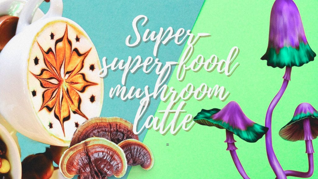 A collage art depicting magic mushrooms and reishi mushrooms as an example of coffee alternatives in this recipe.