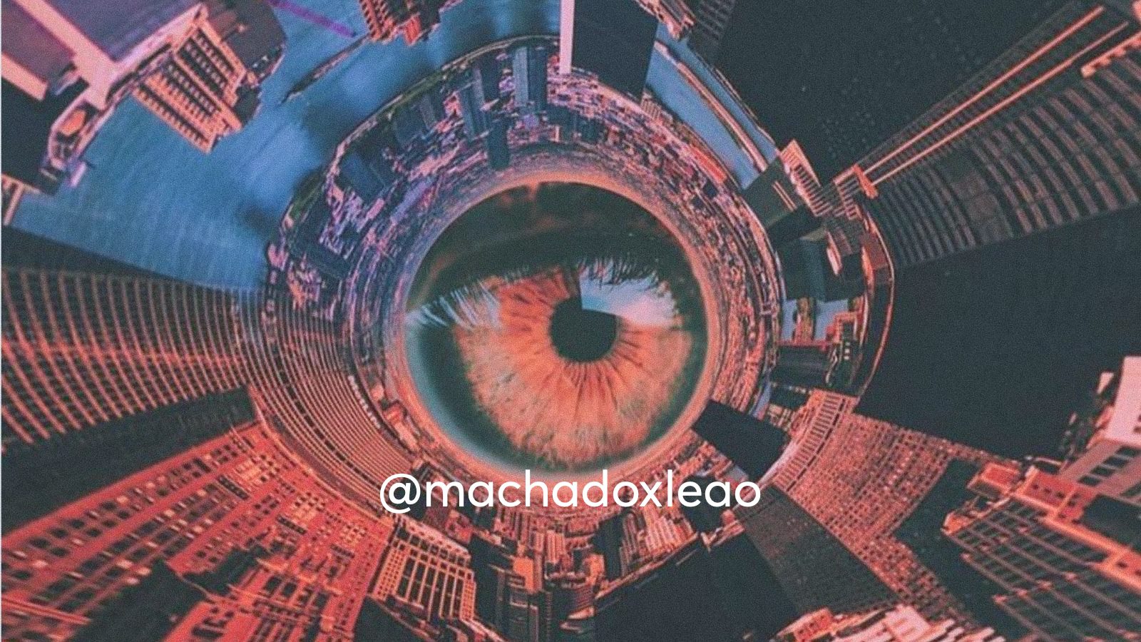A digital artwork of an eye at the centre of the city; a psychedelic concept.