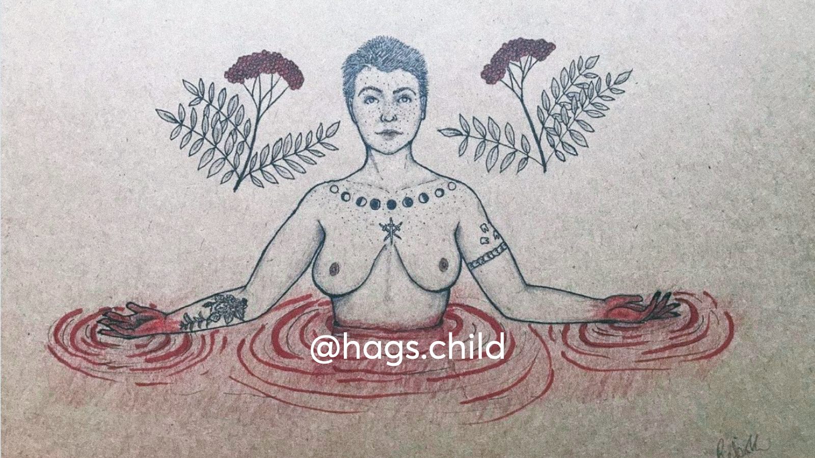 An illustration of a woman in ritual with her hands dipped in blood and flowers on either side of her head.