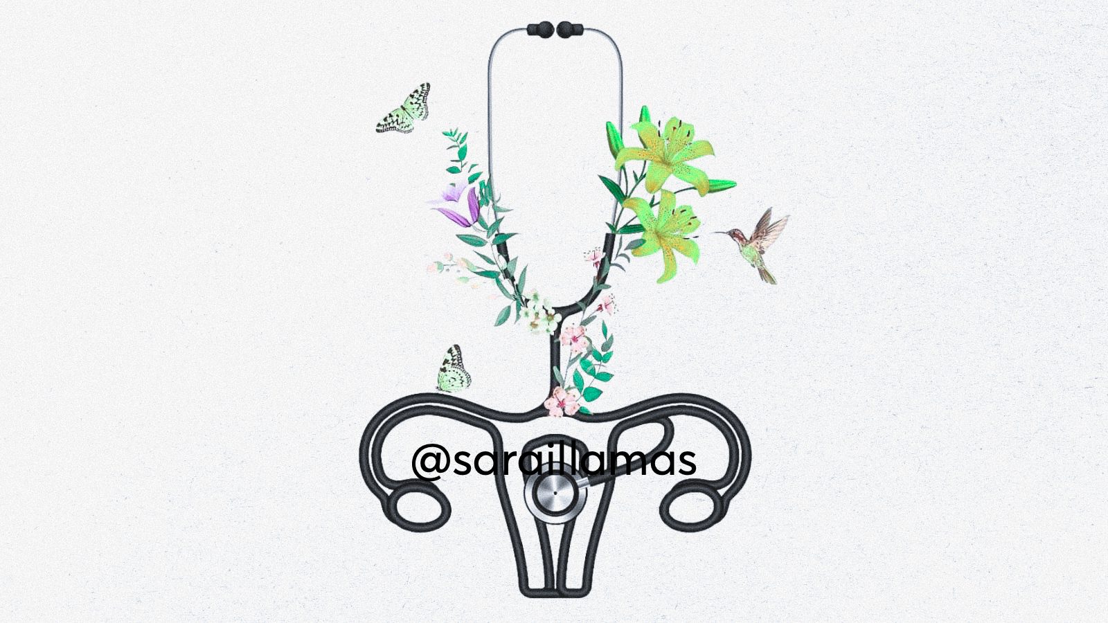 An illustration of a uterus made out of a stethoscope, plants and a butterfly. A concept of uterine health.