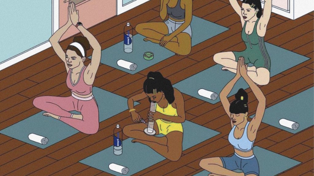 An illustration of women sitting on yoga mats stretching and doing yoga, while one is smoking a bong. A concept of cannabis rituals and yoga.