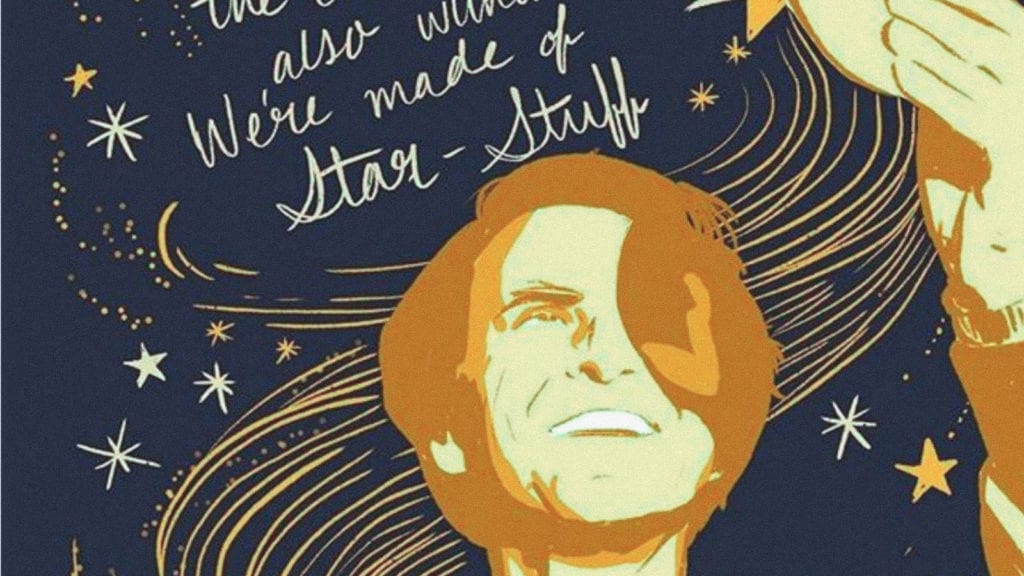An illustration of Carl Sagan holding up a star with one of his quotes in the background saying that "we're made of star stuff".