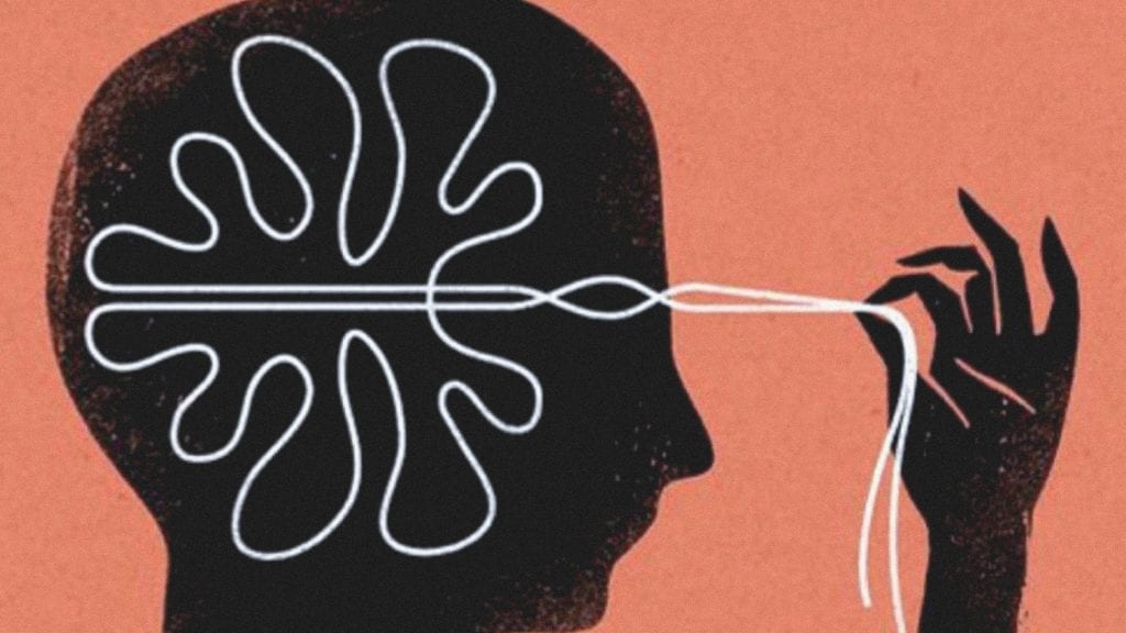 An illustration of silhouette pulling a string through the head that is connected to the brain; a concept of focus, creativity and microdosing.