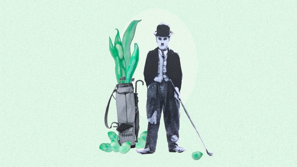 A collage art of Charlie Chaplin holding a golf club and a golf bag full of green beans. A concept of food and health. 
