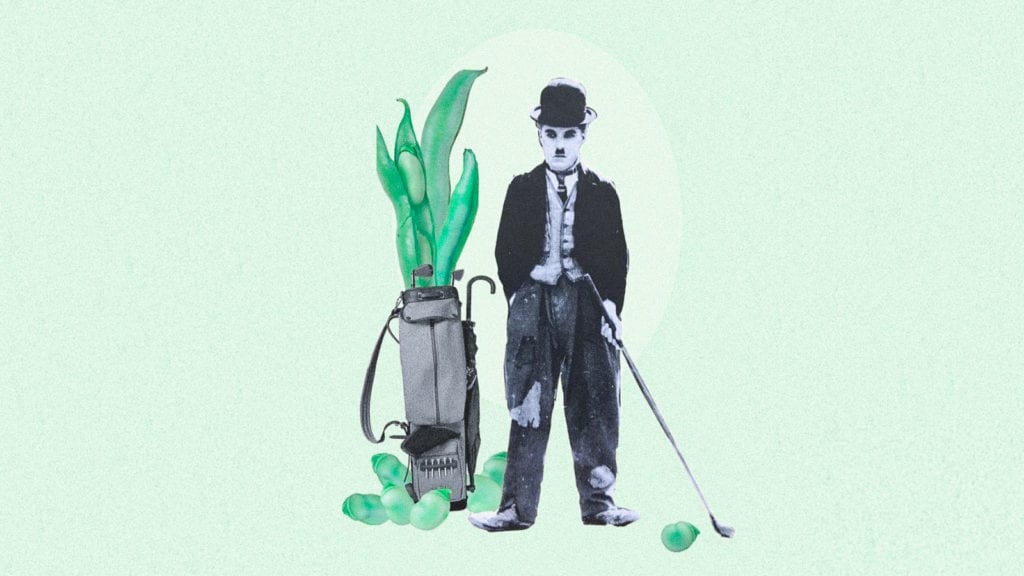 How to Hack Your Period Cramps With Cannabis, Food, and Herbs | Wellness | My Supply Co. A collage art of Charlie Chaplin holding a golf club and a golf bag full of green beans. A concept of food and health.