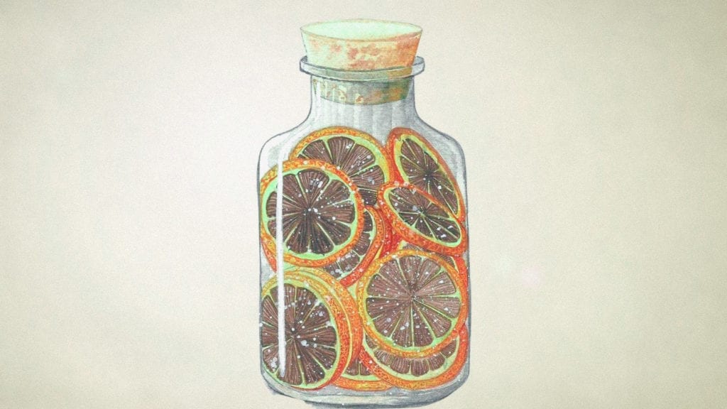 An illustration of a jar full of orange slices; a concept of how to hack your period cramps with herbs.