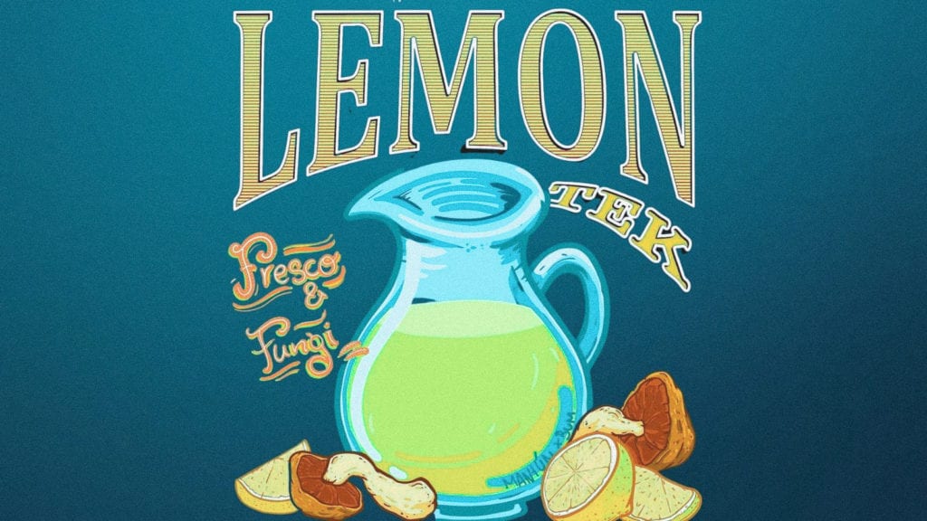 An illustration of a lemon jug and magic mushrooms surrounded by the words "lemon tek" as. heading. An illustration of the lemon tek method.
