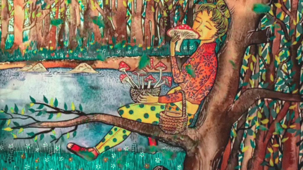 An illustation of a woman sitting under a tree eating a basket full of amanita muscaria mushrooms.