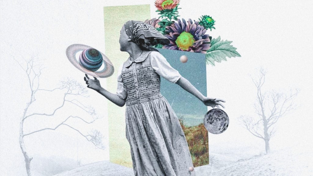 A collage art of a woman, planets, and flowers, depicting the psychedelic experience. 