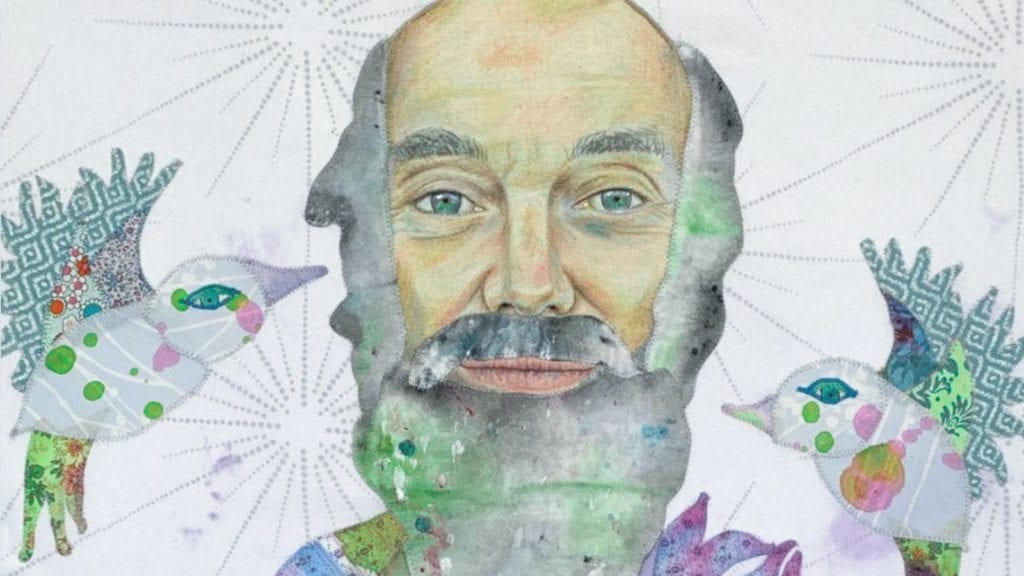 A light, airy collage drawing of Ram Dass, with one humming bird on either side and stars in the backround.