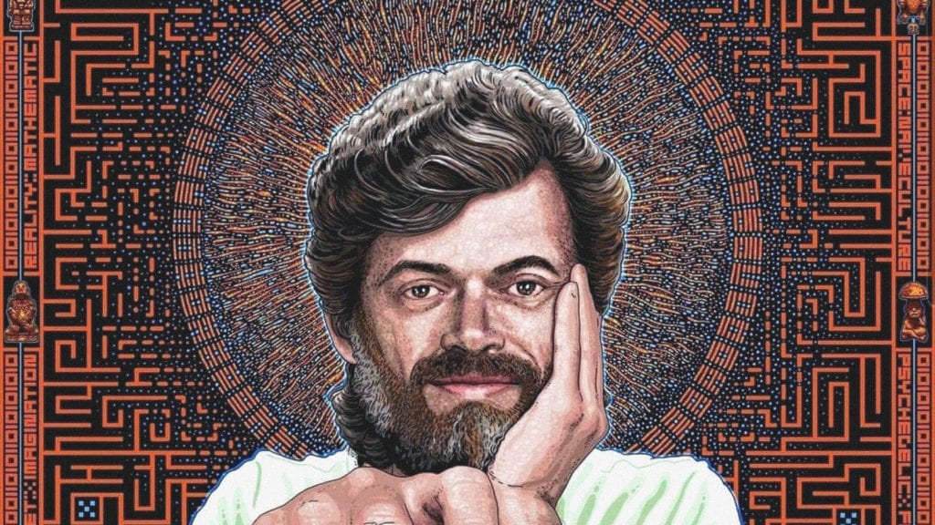 A drawing of Terrence McKenna holding his head in his hands with a halo and psychedelic patterns behind him.