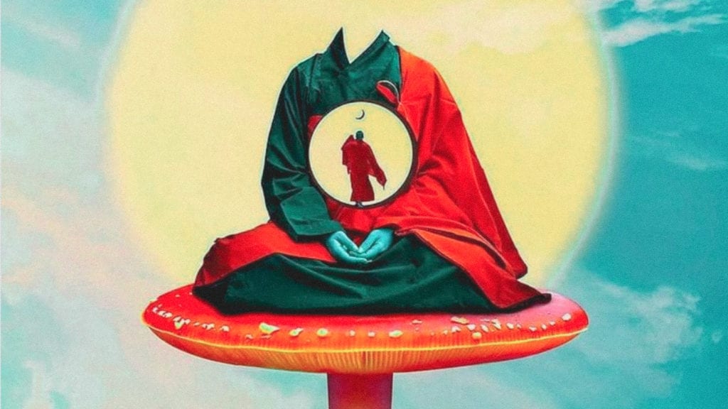 Scientists Hone in on Non-Hallucinogenic Psychedelics: What’s the Point? | Magic Mushrooms 101 | My Supply Co. A digital artwork of a buddha sitting on a giant magic mushroom in the sky with a hole cut out of his middle. A concept of meditation and psychedelics.