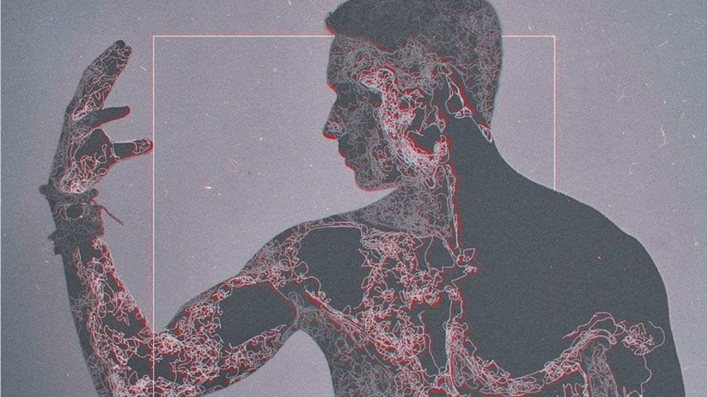 A digital artwork representing a male body with many fluorescent lines going through him, resembling veins and blood vessels.