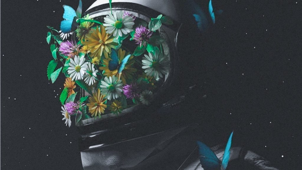 A collage art depicting an astronaut whose helmet is full of flowers and blue morpho butterflies. A concept of how to use cannabis for mental performance.