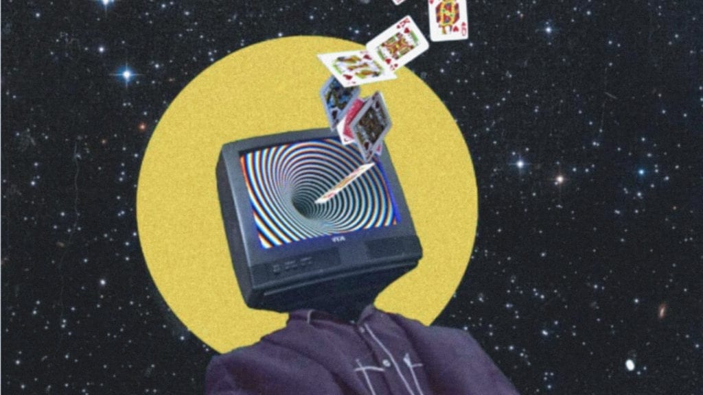 A collage art depicting a human with a television as a head with a deck of cards flying out.