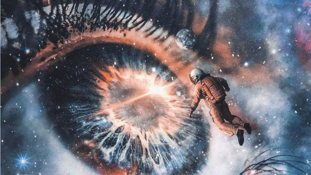 A digital art depicting an astronaut floating into a close up eye that looks like the galaxy. Depiction of the psychedelic journey undertaken on the psychedelic drug trial.