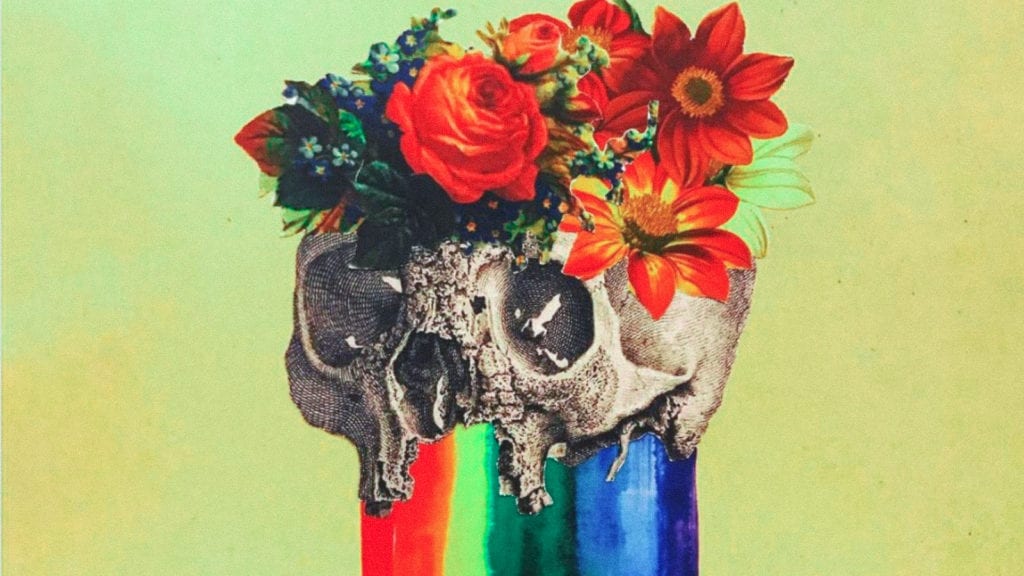 A digital artwork depicting a skull with a rainbow coming out of its jaw and flowers on the top; yellow background.