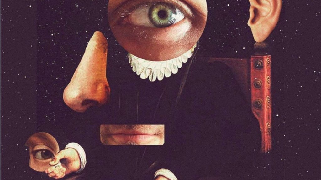 A collage art depicting a man holding his own eye, and with parts of his body floating around him, a concept of mental performance and cognitive abilities. 