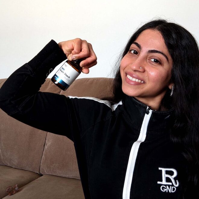 Fatema Holding Brain Stack Nootropic Psilocybin Microdose Capsules by My Supply Co_