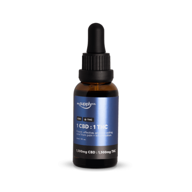 1 CBD : 1 THC Oil with 1,500mg CBD and 1,500mg THC per bottle (Front)