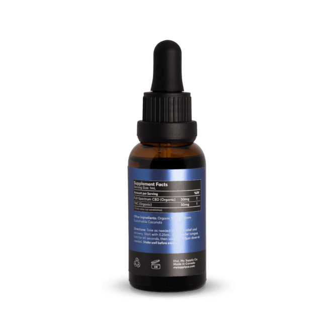 1 CBD : 1 THC Oil with 1,500mg CBD and 1,500mg THC per bottle (Back)
