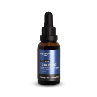 1 CBD : 1 THC Oil with 750mg CBD and 750mg THC per bottle (Front)