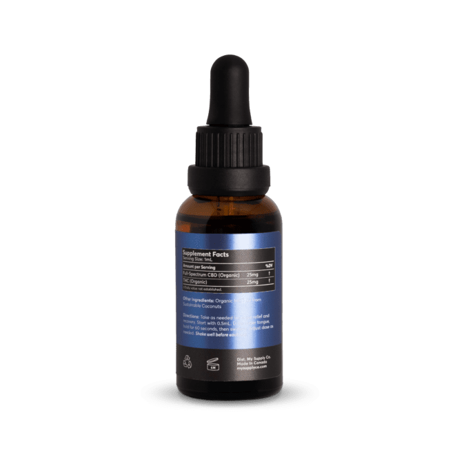 1 CBD : 1 THC Oil with 750mg CBD and 750mg THC per bottle (Back)