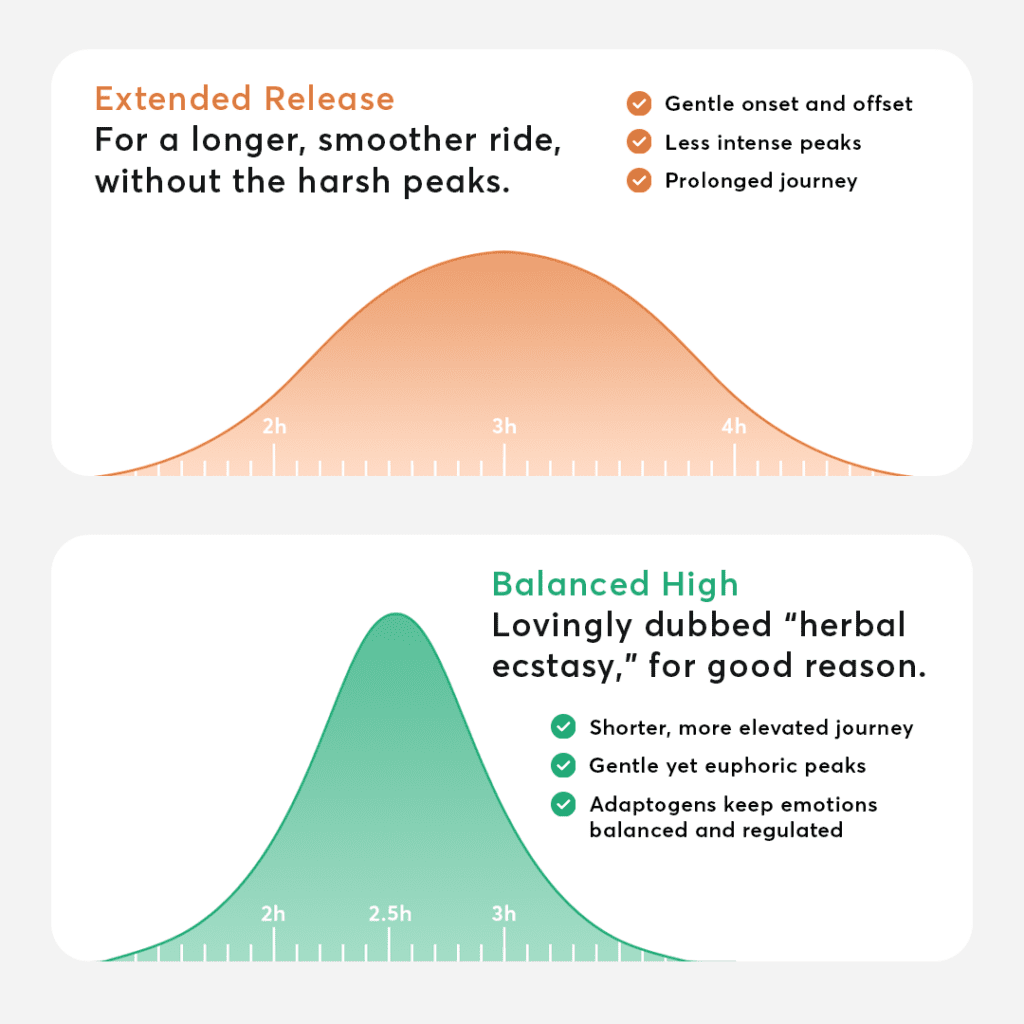 Meet My Supply Co.'s Take on Scooby Snacks Mushrooms | Magic Mushrooms 101 | My Supply Co. Psilocybin Macrodose Formulas Comparison Chart - Balanced High (AKA Scooby Snacks) vs Extended Release (AKA Increased Time Under Curve). Overlaid text reads: Extended Release - for a longer, smoother ride, without the harsh peaks. Gentle onset and offset, less intense peaks, and prolonged journey. Balanced high - lovingly dubbed "herbal ecstasy," for good reason. Shorter, more elevated journey, gentle yet euphoric peaks, adaptogens keep emotions balanced and regulated