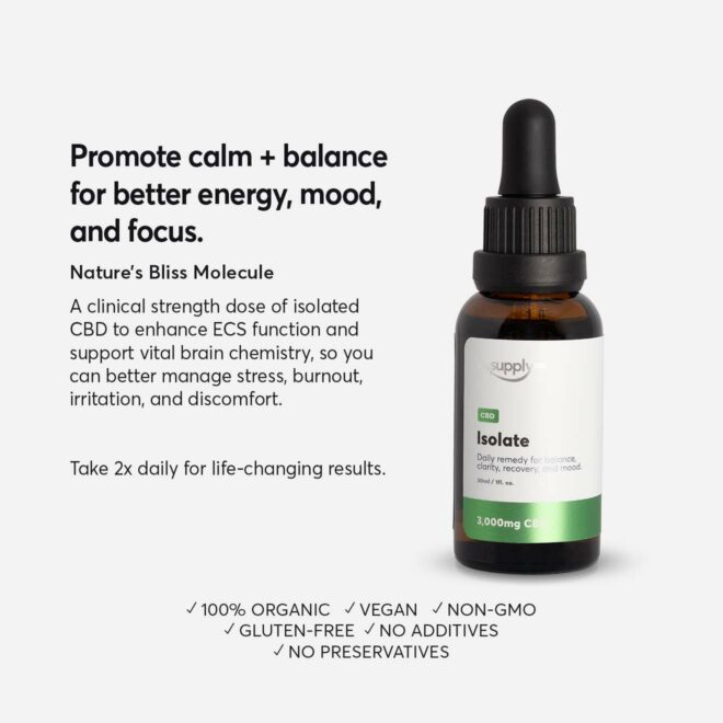Image of CBD Isolate Oil with a description of its benefits. Text reads: Promote calm + balance for better energy, mood, and focus. Nature’s Bliss Molecule A clinical strength dose of isolated CBD to enhance ECS function and support vital brain chemistry, so you can better manage stress, burnout, irritation, and discomfort. Take 2x daily for life-changing results.