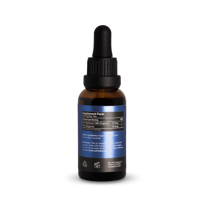 3 CBD : 1 THC Oil with 1,125mg CBD and 375mg THC per bottle (Back)